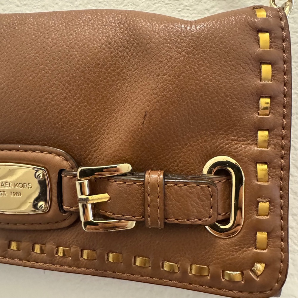 Michael Kors Hamilton Whipped Pebbled Leather Shoulder Bag Clutch Luggage Brown - Picture 2 of 9